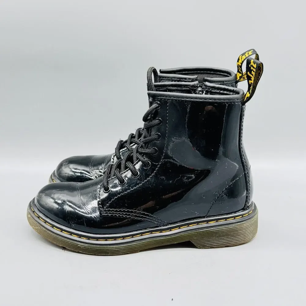 Dr Martens Boots Kids 2 Black Patent Leather 1460 Combat Lace Up Side Zip Youth